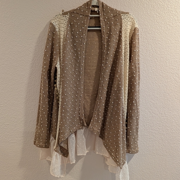 RYU by Anthropology Beige And White,Pom Poms Embroidery Open Front, Size Medium - Picture 1 of 8